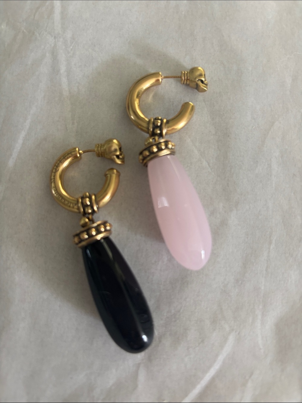 Alexander McQueen Gold Hoop Earrings with Pink and Black Teardrops